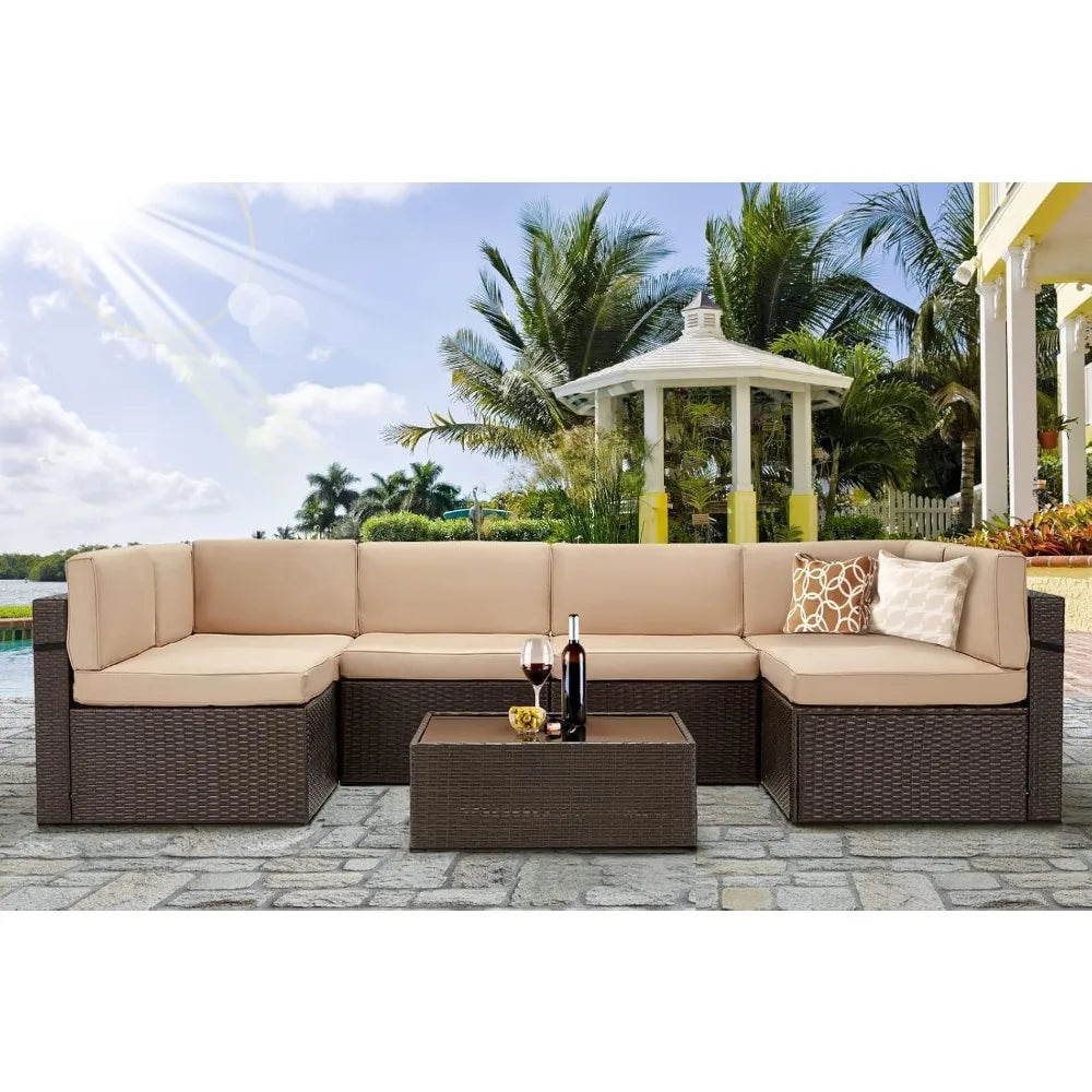 7 Piece Outdoor Rattan Wicker Sofa Set with Cushions and Tea Table