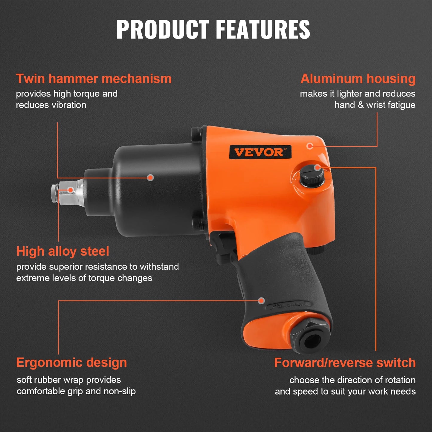 1/2 inch Drive Air Impact Gun Up to 880ft-lbs