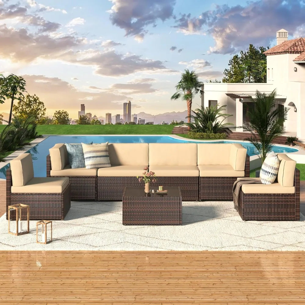 7 Piece Outdoor Rattan Wicker Sofa Set with Cushions and Tea Table