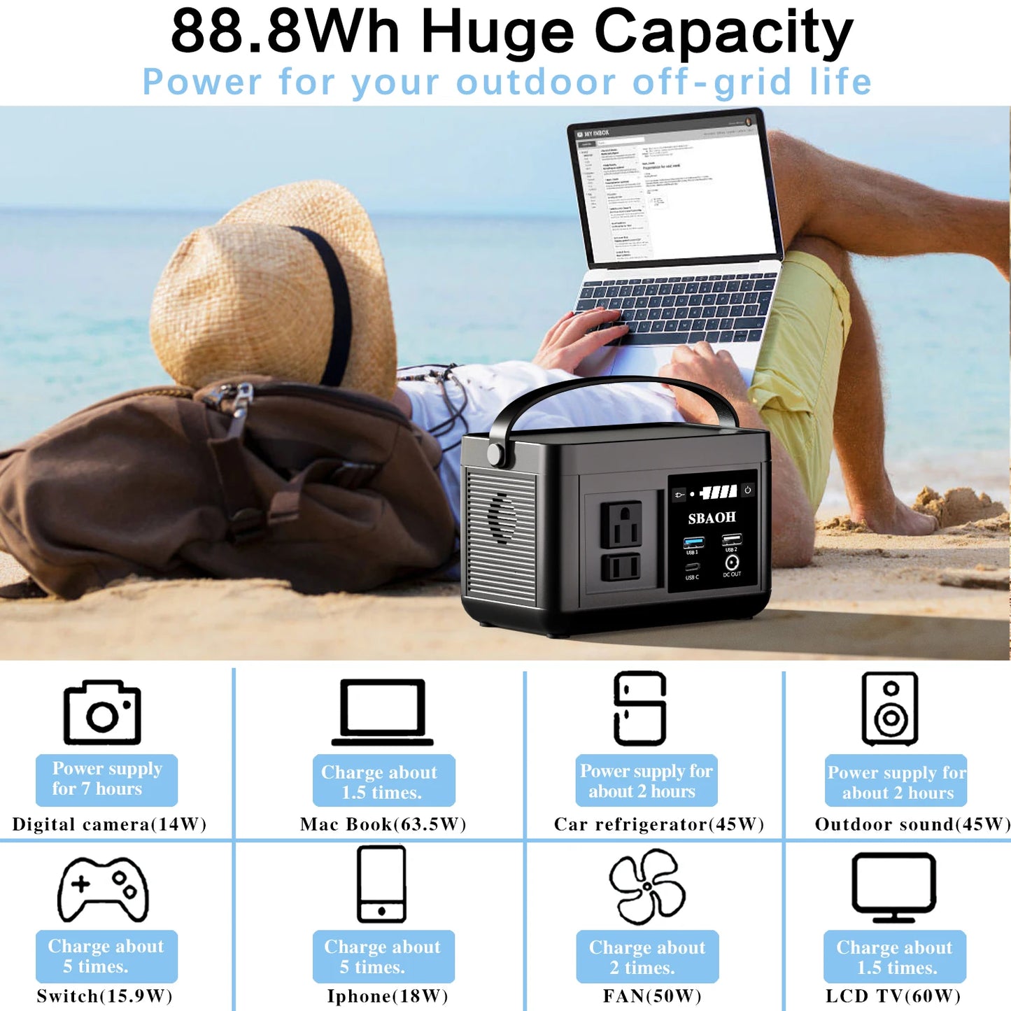 88.8Wh,Camping Power Station, 120W AC Output