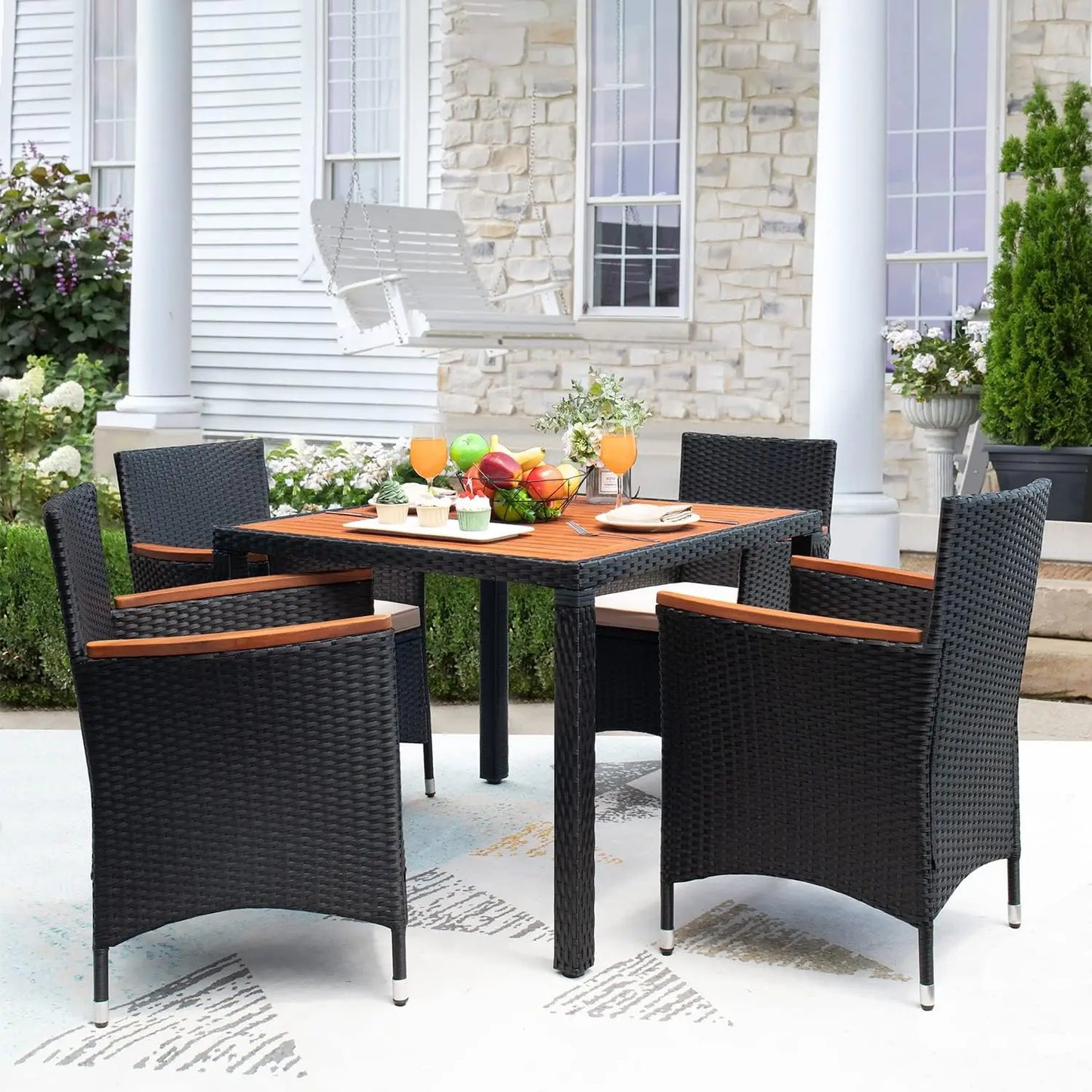 5 PCS Patio Conversation Set with Acacia Wood Top