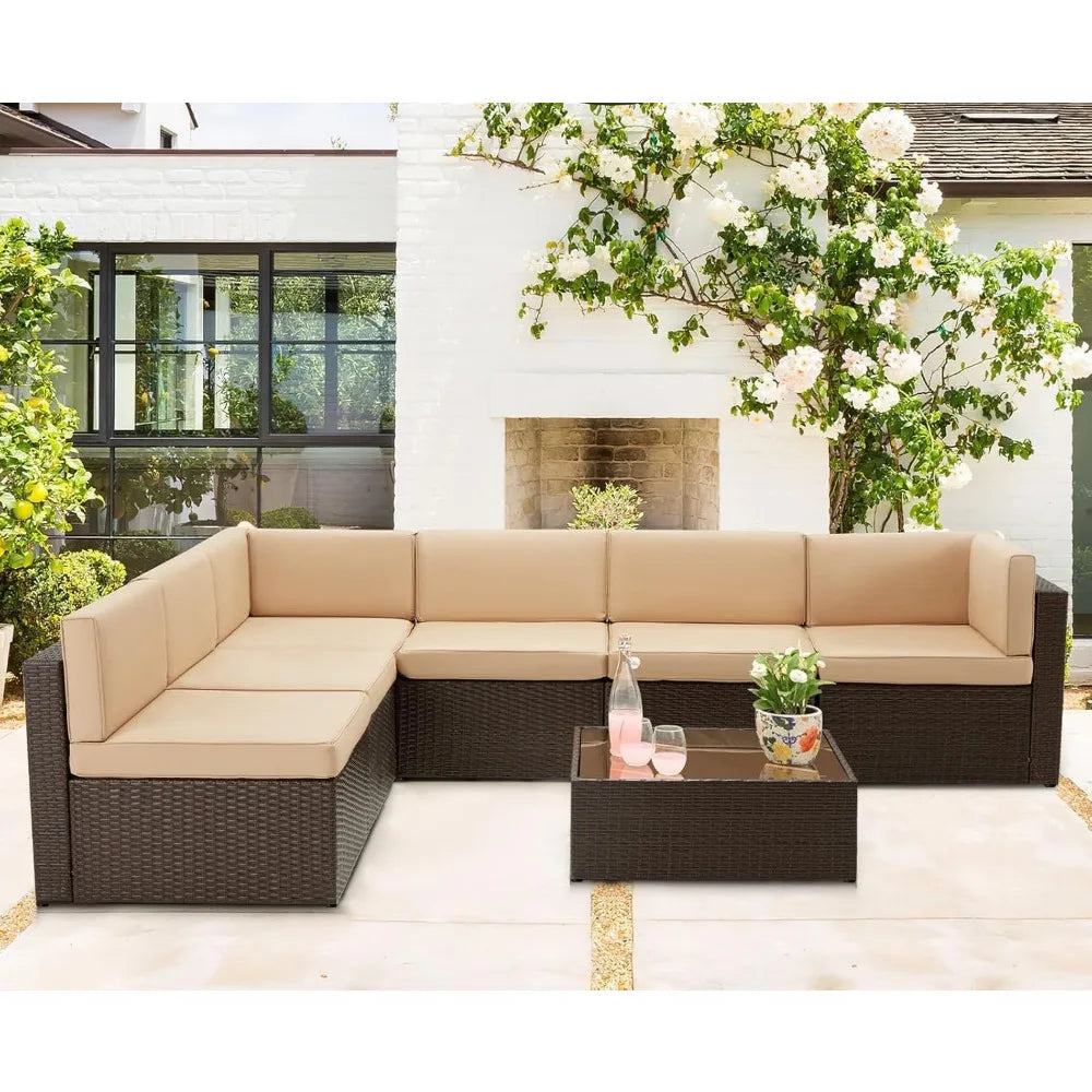 7 Piece Outdoor Rattan Wicker Sofa Set with Cushions and Tea Table