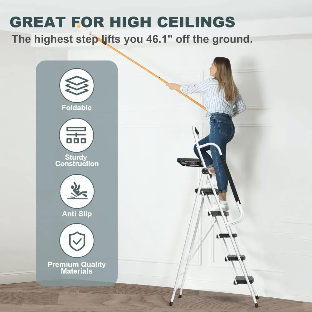 5 Step, with Handrails, Tool Platform, Portable Steel Ladder