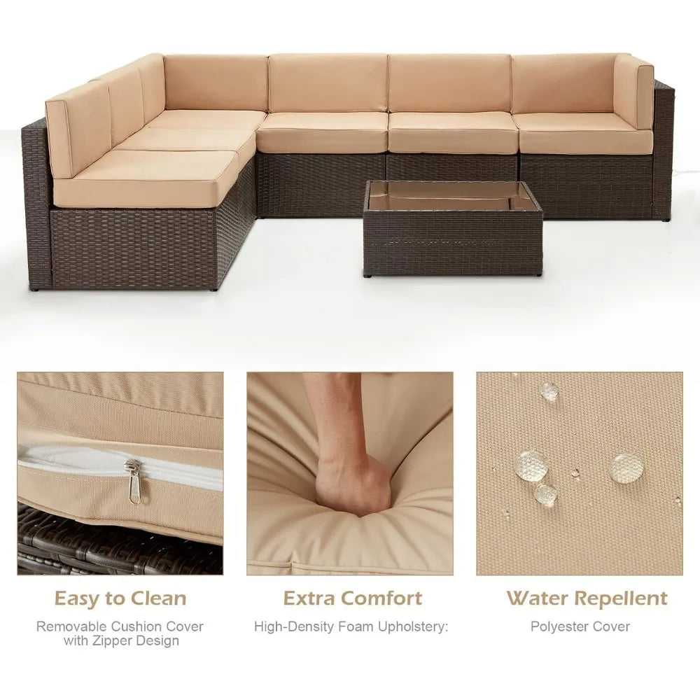 7 Piece Outdoor Rattan Wicker Sofa Set with Cushions and Tea Table