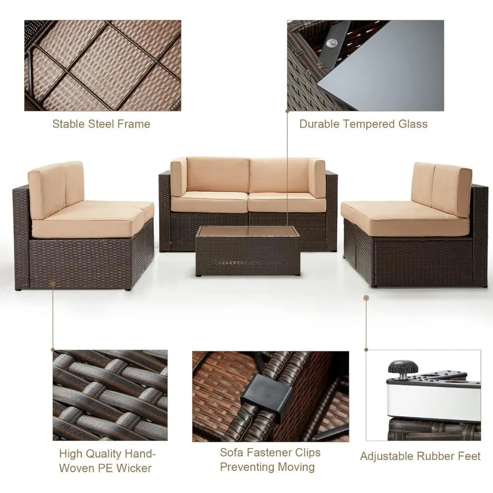 7 Piece Outdoor Rattan Wicker Sofa Set with Cushions and Tea Table
