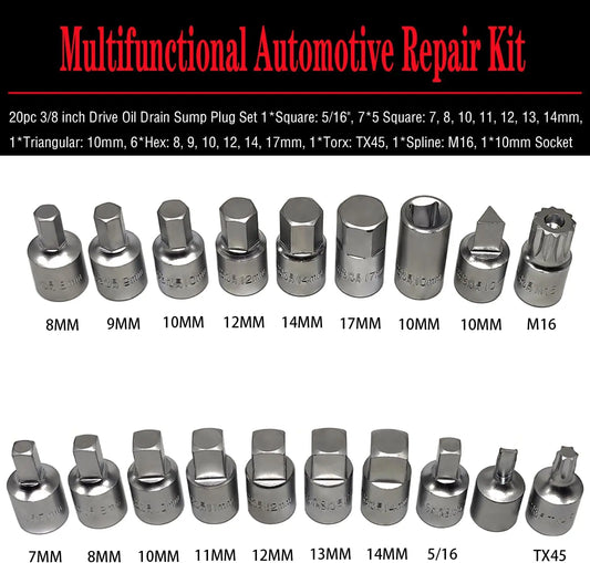 20PCS /8" Drive Oil Drain Sump Plug Key Set
