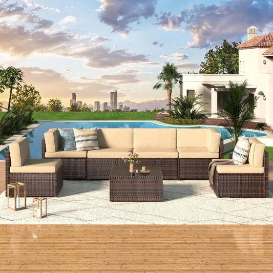 7 Piece Outdoor Rattan Wicker Sofa Set with Cushions and Tea Table